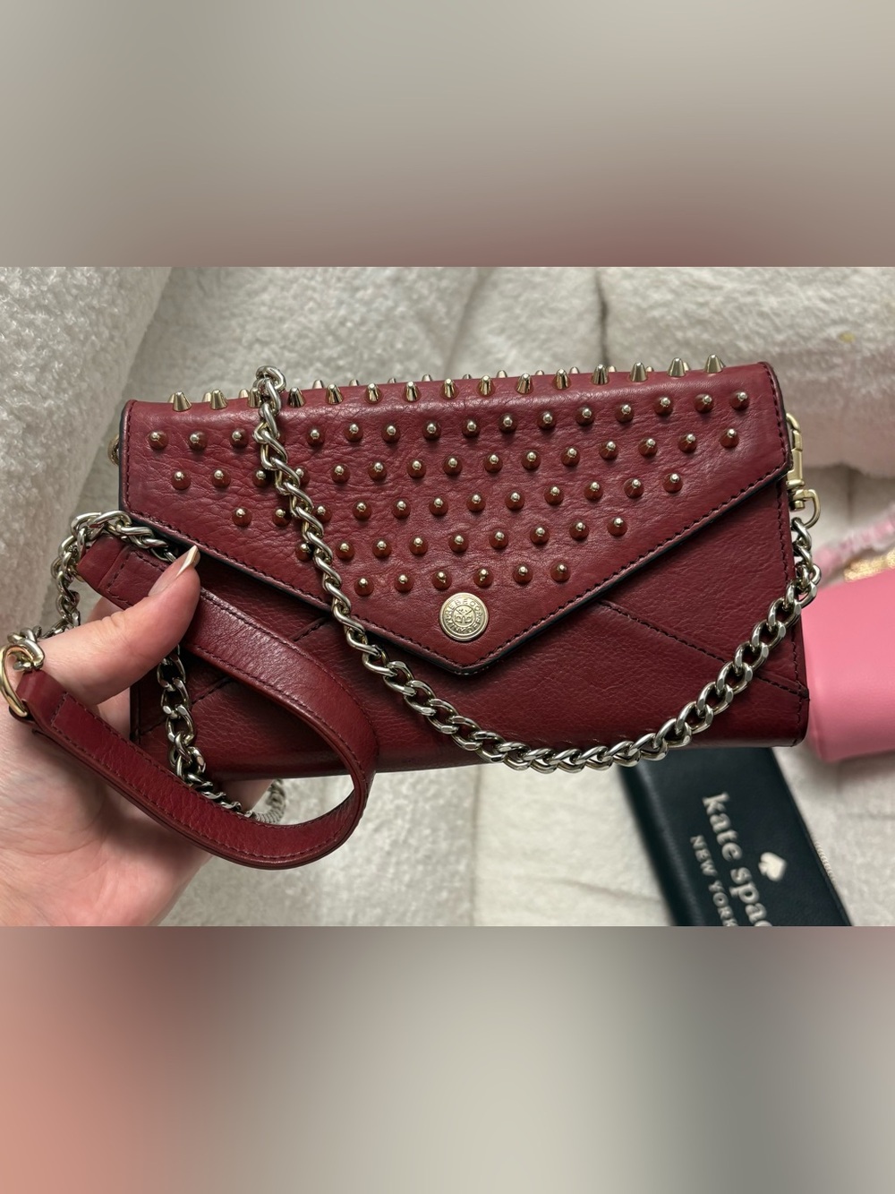 REBECCA MINKOFF Burgundy Studded Leather Envelope Crossbody Bag